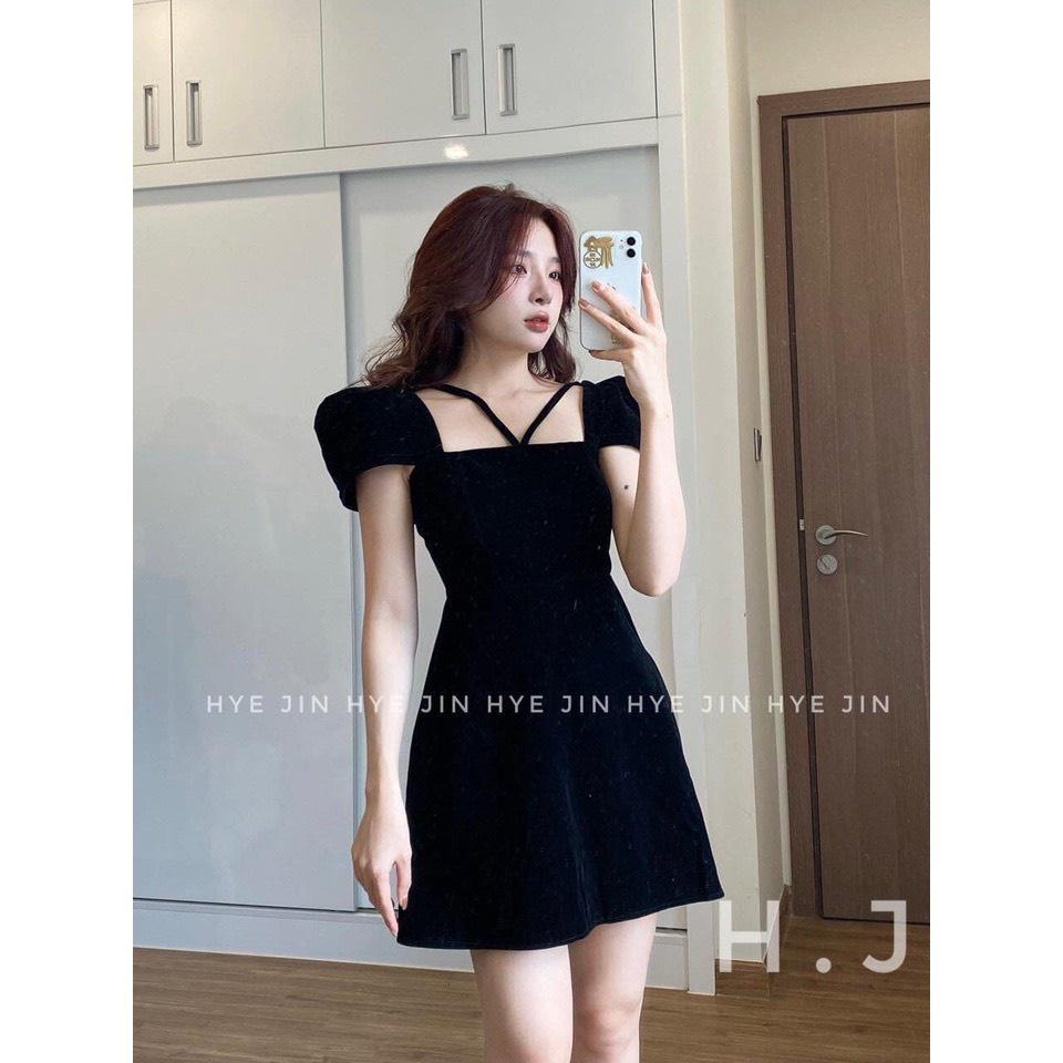 Váy Nhung Tay Hến Dây Ngực Dáng Ngắn Có Đệm Ngực 2 Màu