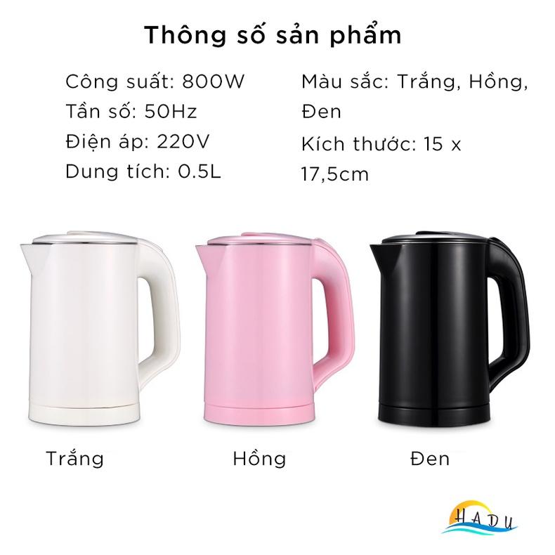 Ấm siêu tốc mini inox 304 cao cấp nhỏ gọn nhanh chóng tiện lợi, bình siêu tốc mini 0.5L đạt cấp thực phẩm an toàn HADU