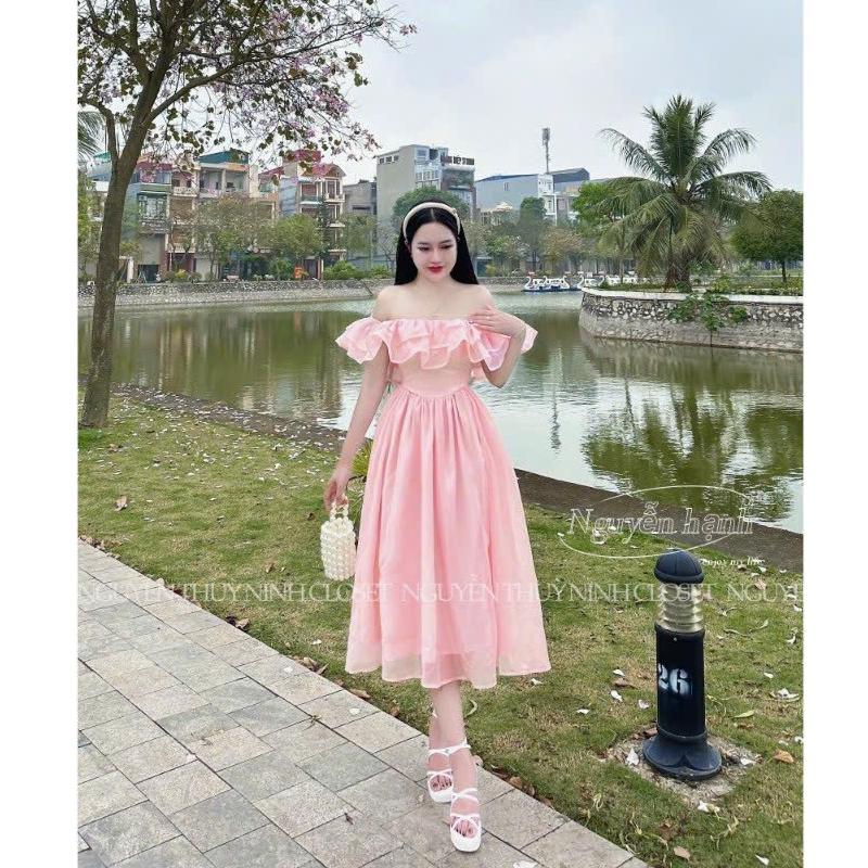 Đầm voan xoè trễ vai phối bèo 2 lớp