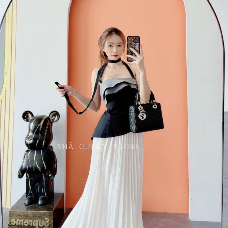 SET BỘ ÁO CỔ YẾM XẾP TẦNG BÈO VỚI CHÂN VÁY DÀI
