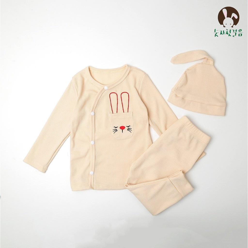 Bộ dài tay Minky Mom thun gân nút cài lệch ( kèm nón củ tỏi) cho bé trai, bé gái size 3-15kg