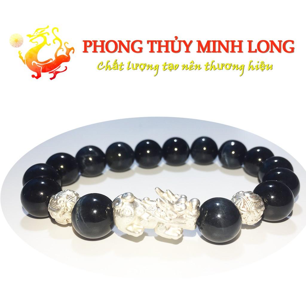 Vòng tay đá mắt hổ Chim Ưng xanh đen chất lượng 5A mix tỳ hưu và 2 hạt kim tiền Bạc hợp mệnh Thủy và Mộc