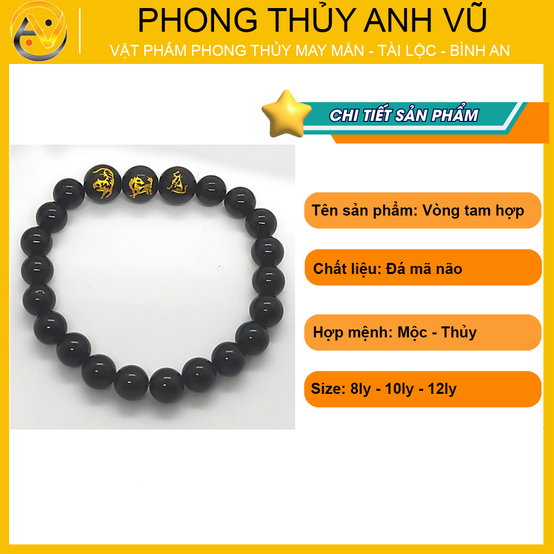 Vòng tam hợp dần ngọ tuất chất liệu mã não đen - size 8 10 12ly cho người mệnh mộc, mệnh thủy - có khai quang điểm nhãn - may mắn tài lộc - PHONG THỦY ANH VŨ