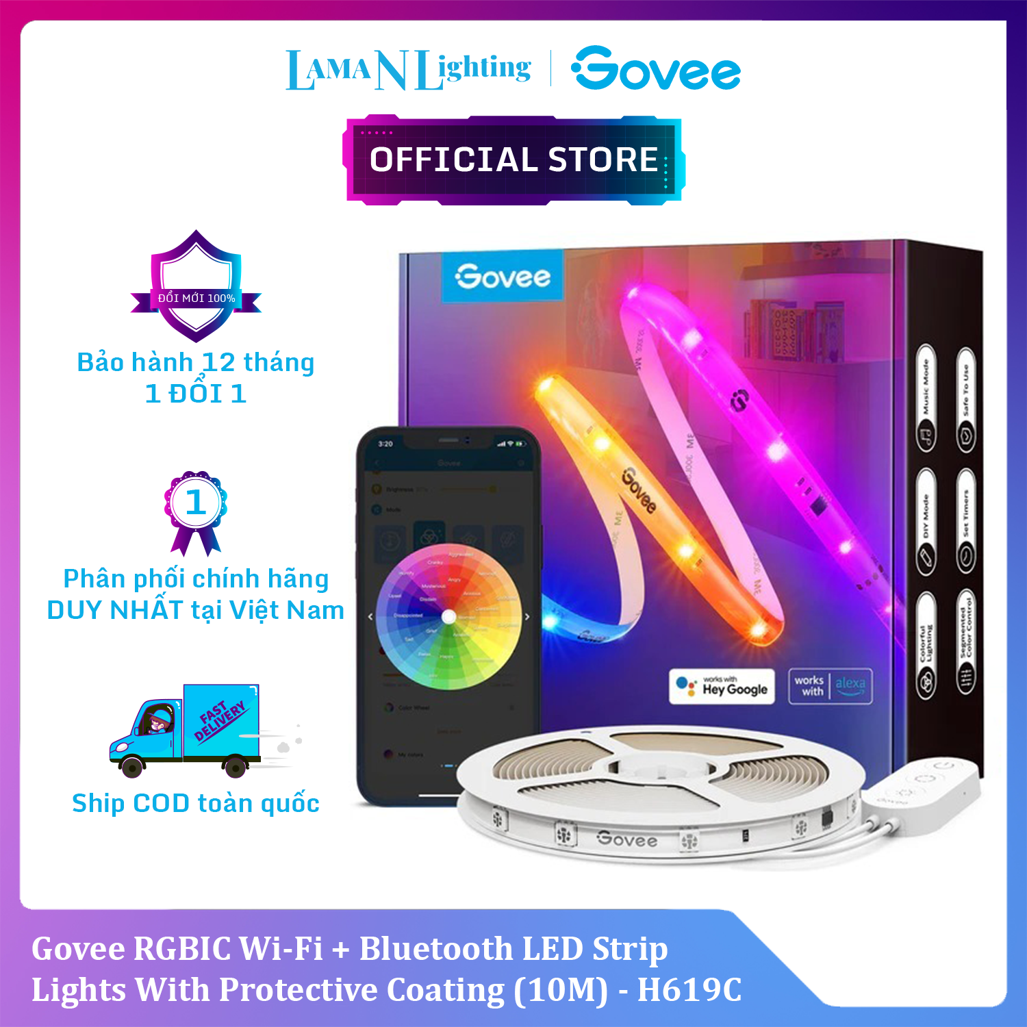 Dây đèn LED Govee RGBIC Wi-Fi + Bluetooth LED Strip Lights With Protective Coating 10M H619C | Phủ coating, 16 triệu màu RGBIC tùy chỉnh, cảm biến nhạc, kết nối thông minh | Hàng chính hãng