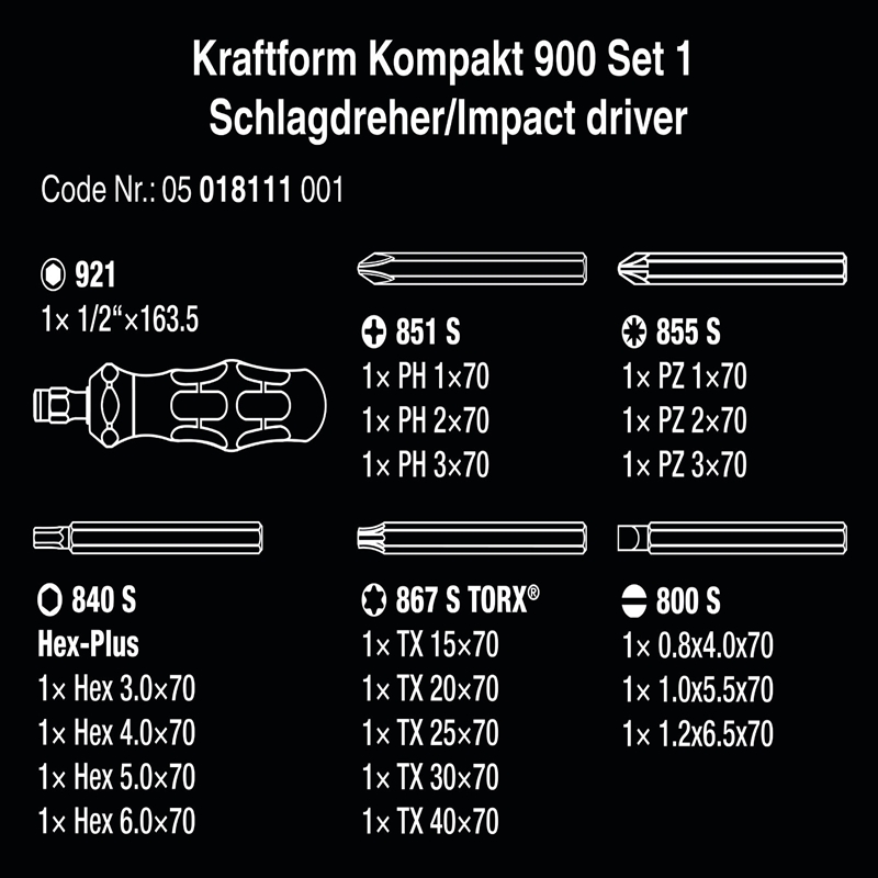 Bộ tua vít đóng nới lỏng ốc vít Wera 05018110001 Kraftform Kompakt 900 Set 1 gồm 19 chi tiết với các đầu vít dài 70mm