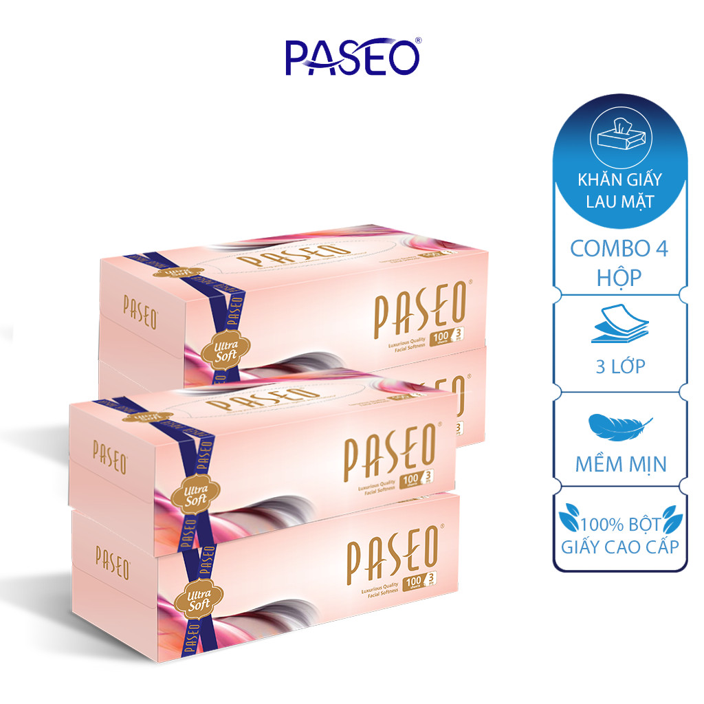 Combo 4 hộp khăn giấy Paseo Ultrasoft Lotion 100 tờ 3 lớp mềm mịn như nhung, PEFC cert