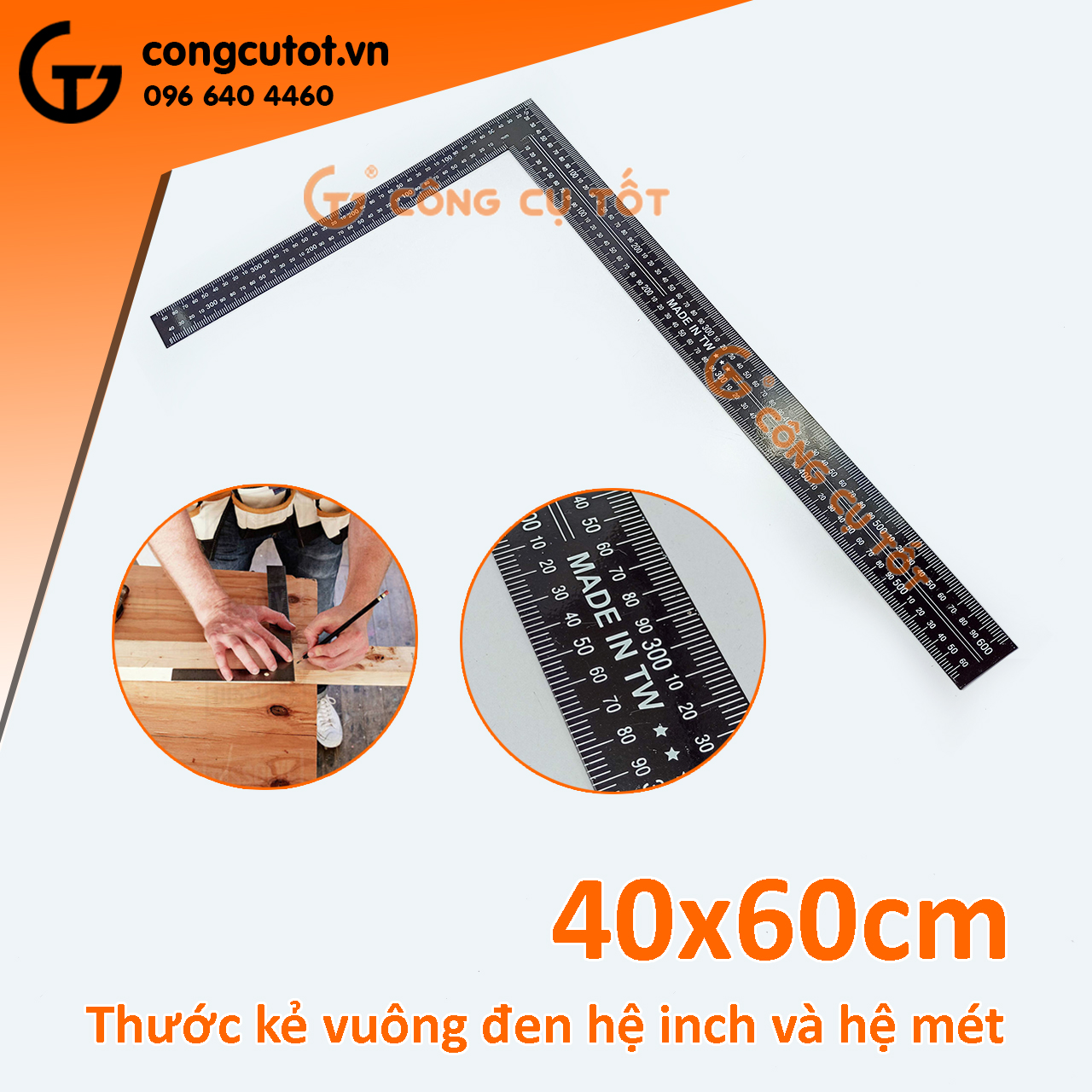 Thước kẻ vuông đen hệ inch và hệ mét 40x60 cm