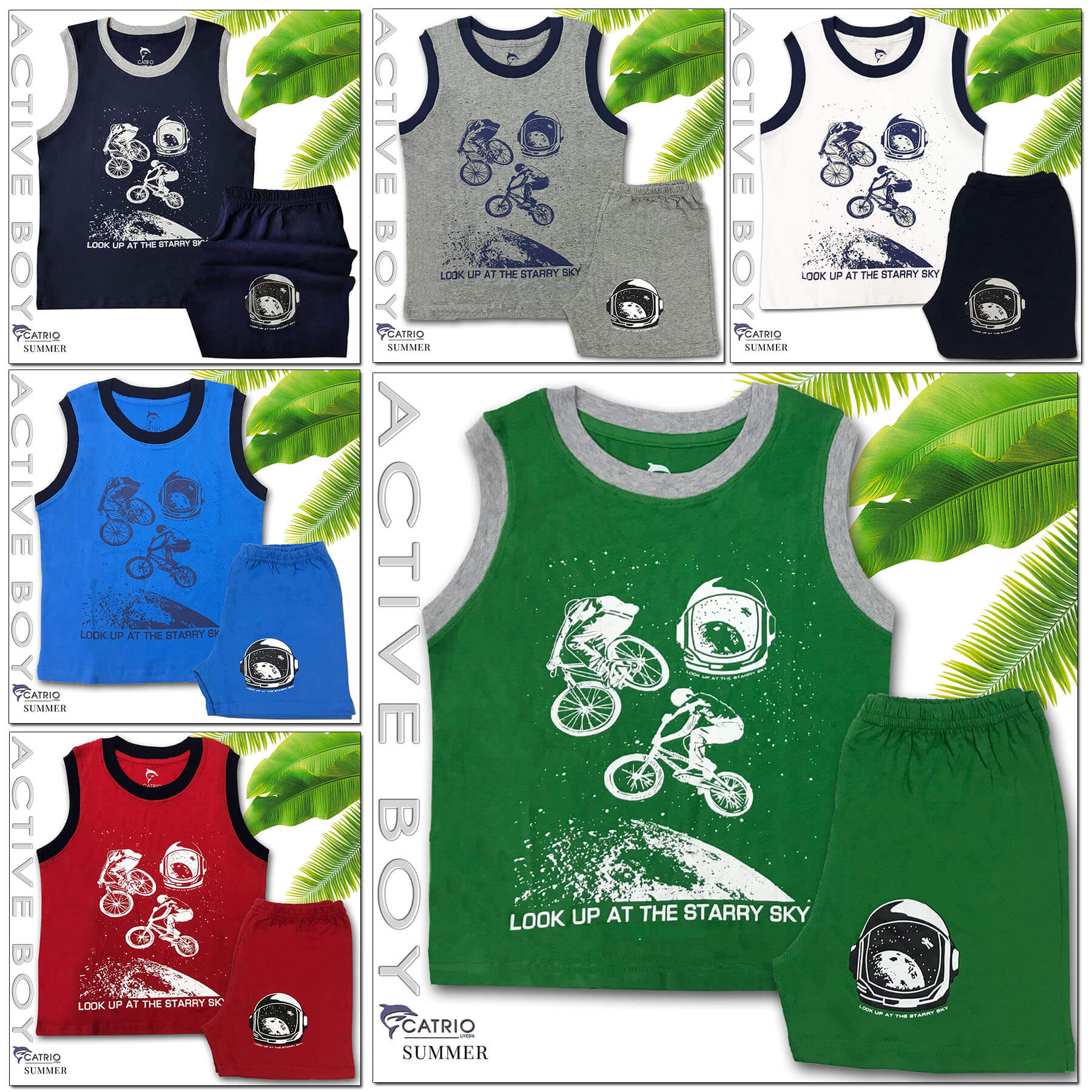 BỘ THUN BÉ TRAI CATRIO in XE ĐẠP là bộ đồ phông trẻ em gồm QUẦN ĐÙI + ÁO SÁT NÁCH, vải 100% cotton, phù hợp với các bé trai từ 9 tuổi đến 12 tuổi mặc ở nhà, đi chơi rất thoáng mát