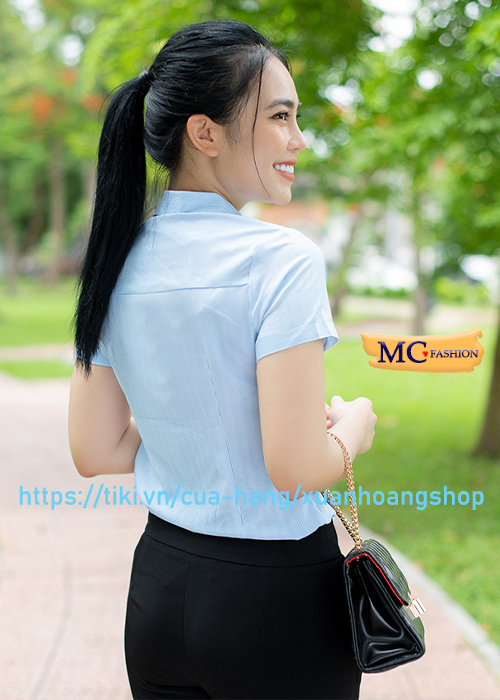 Áo Sơ Mi Nữ Đẹp Mc Fashion A206, Kẻ Sọc, Màu Xanh Nước Biển, Tay Ngắn Cộc, Kiểu Dáng Công Sở, Chất Vải Co Giãn Nhẹ, Mát