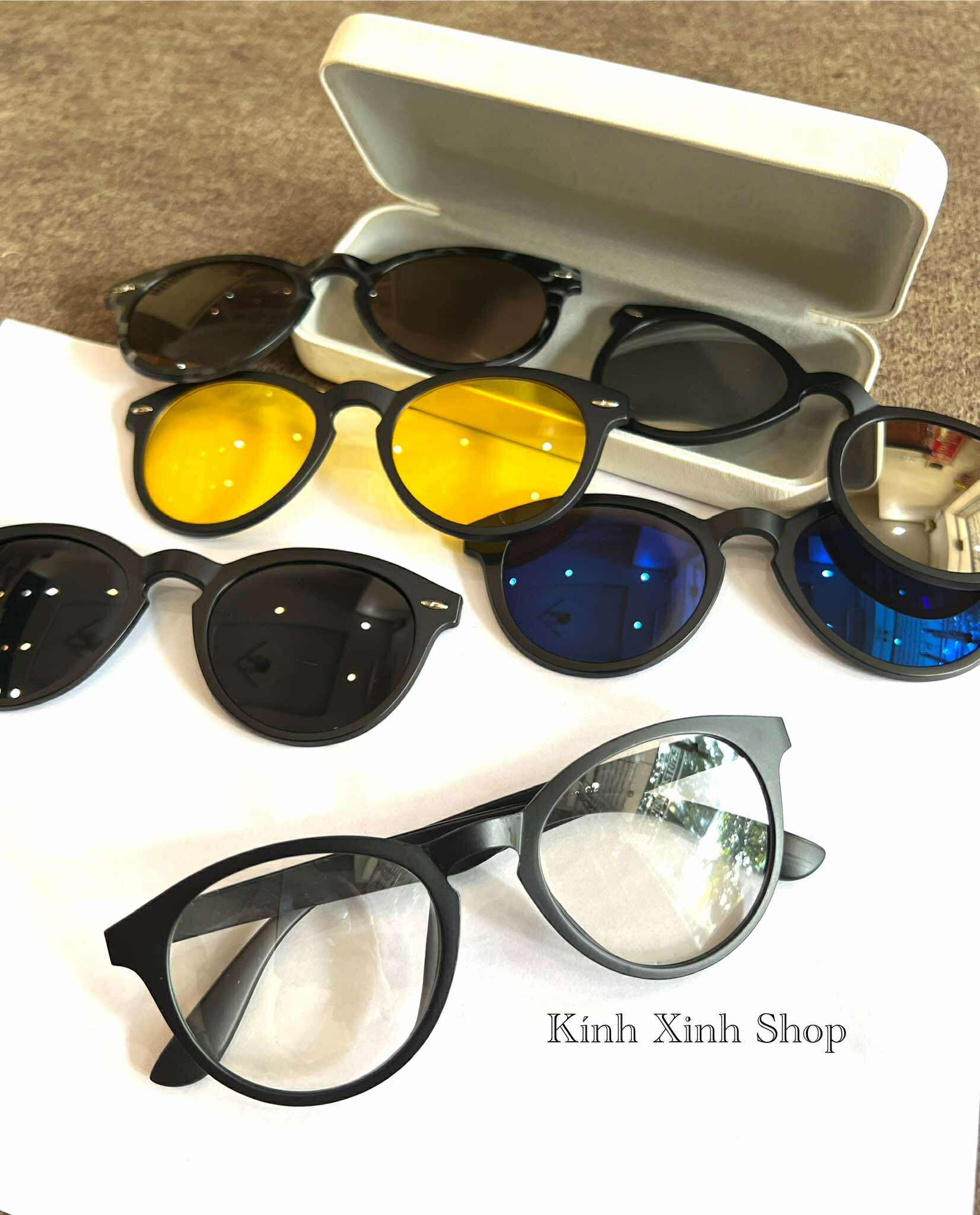 Kính Cận Râm Nhiều Tròng 6in1 Đa Năng Dáng Mắt Tròn Gọng Nhựa Màu Đen Thiết Kế Đơn Giản Cho Nam Nữ