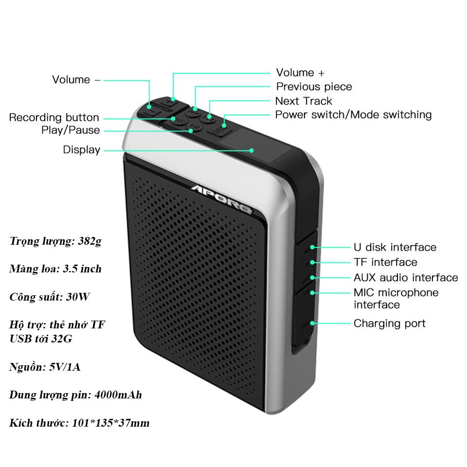 Loa trợ giảng Aporo T18 công suất 30W 2.4G Bluetooth 5.0 không dây