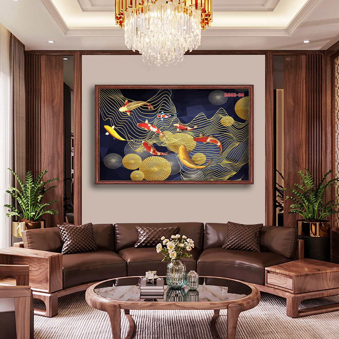 D803 01 Tranh kính Hoa sen Cá chép