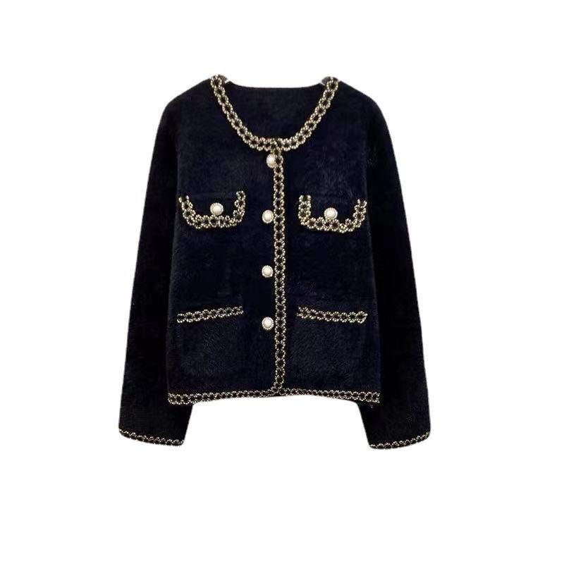 Áo khoác len nữ cardigan tay dài khoác dạ lông thỏ 2 màu đen trắng cúc ngọc cổ tròn dáng ngắn kiểu Hàn Quốc D-7