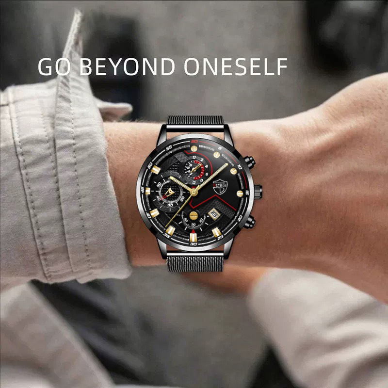 Đồng hồ nam DEYROS thiết kế thể thao dây thép lưới đen chạy lịch ngày cao cấp Sporty Design