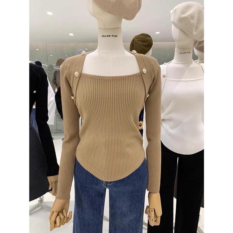Áo len gân cổ vuông khuy đồng vạt bầu hàng QC hot