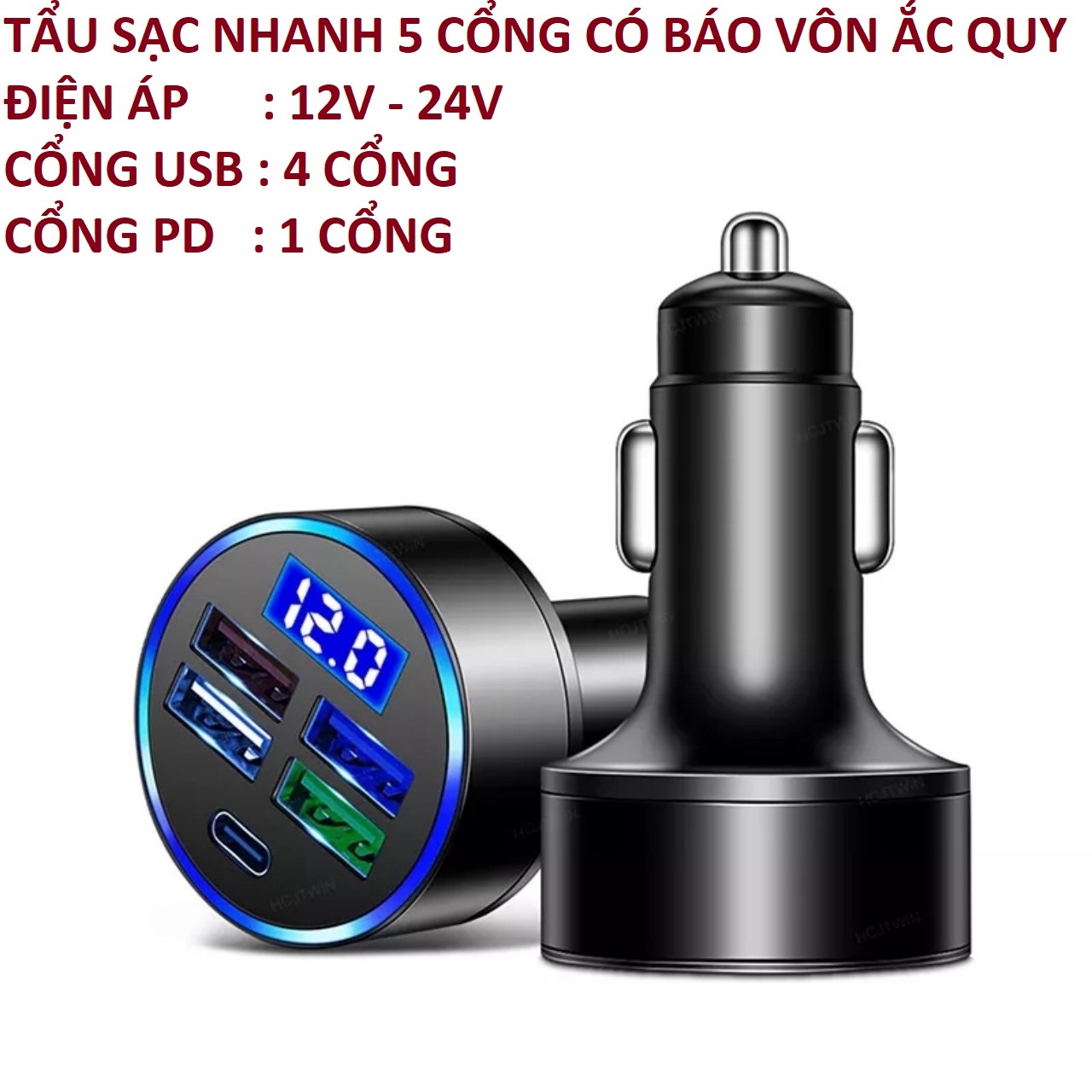 Tẩu Sạc nhanh điện thoại trên ô tô QC3.0+PD có báo vôn 12V-24v 150W Thông Minh Tự Điều Chỉnh Dòng Sạc