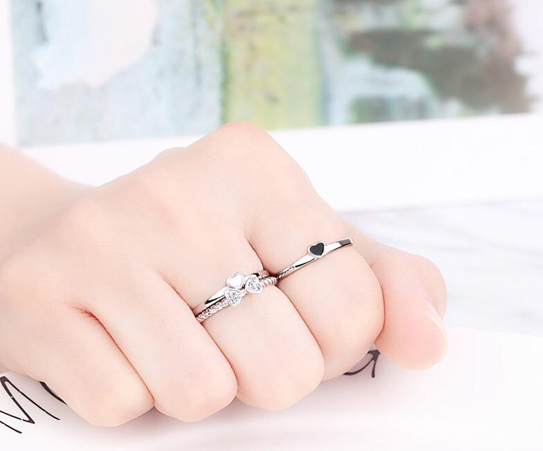 Nhẫn midi cỏ 4 lá trắng đen 3 in 1 bạc 925