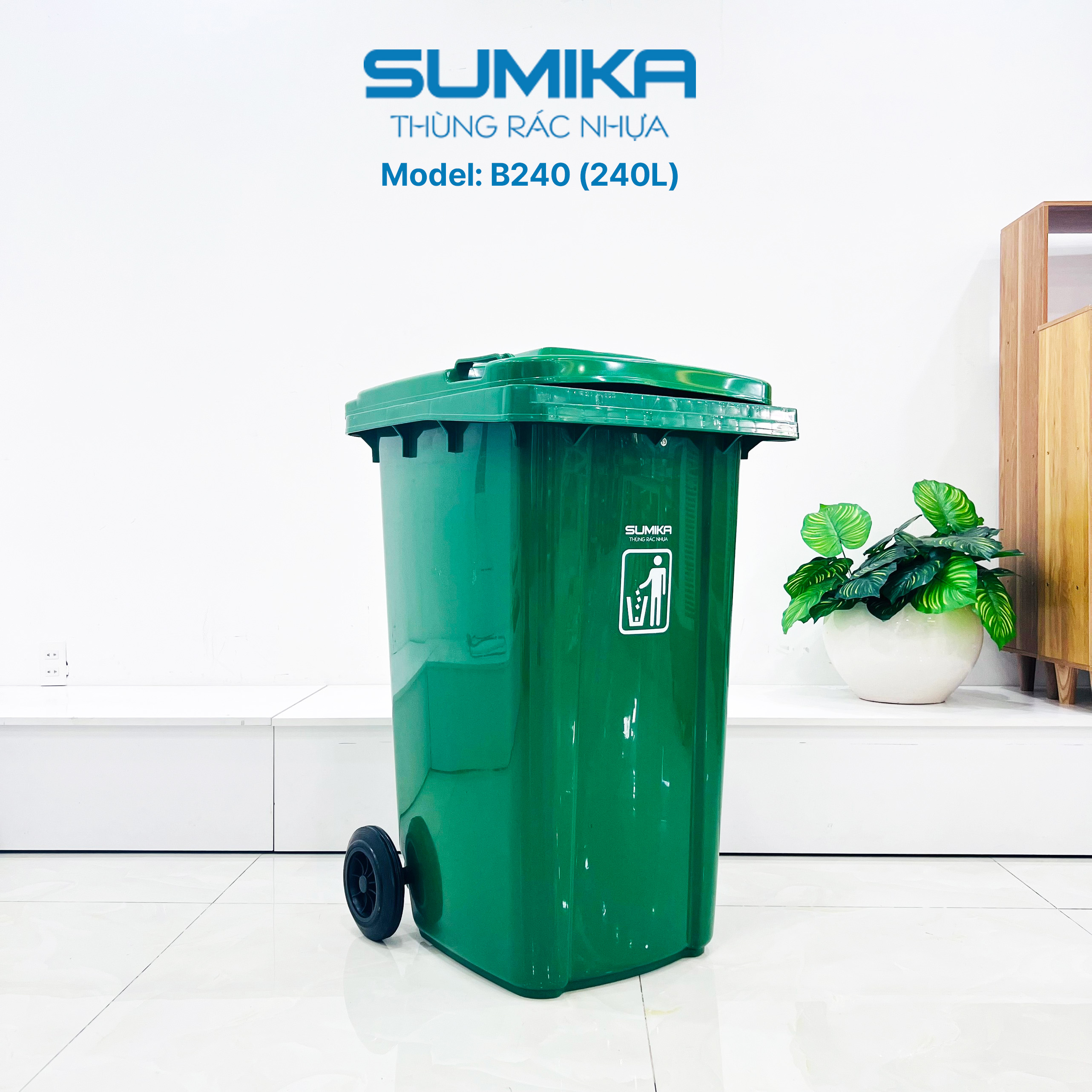 Thùng rác nhựa công cộng SUMIKA B240, dung tích 240L, có bánh xe