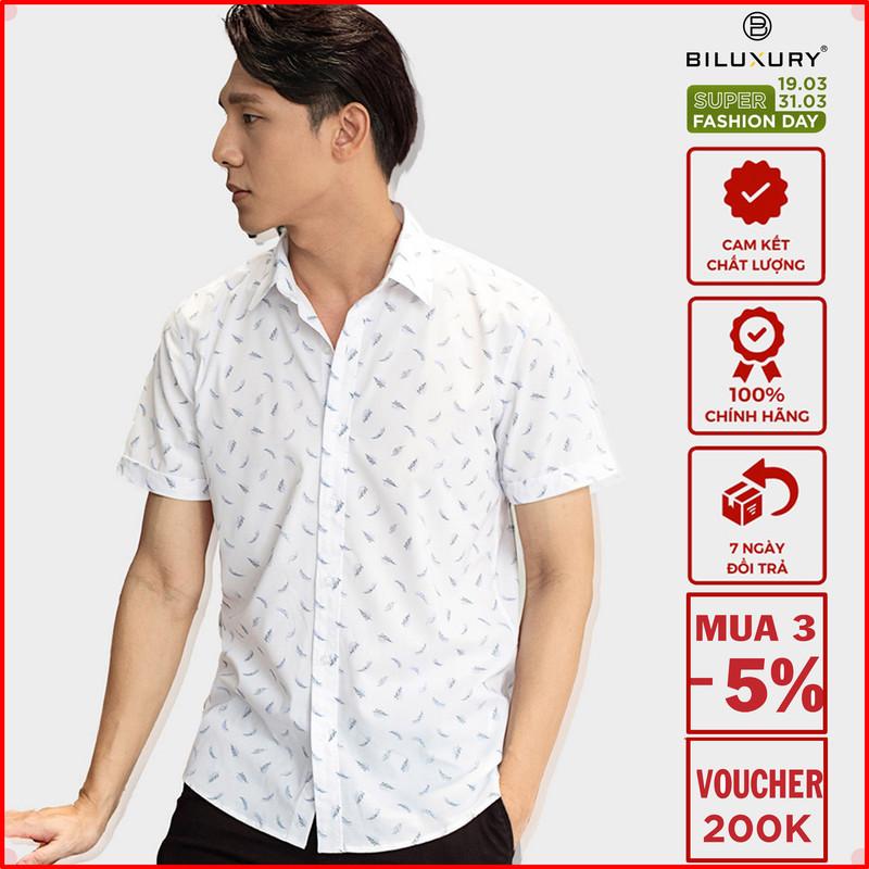 Áo Sơ Mi Nam Ngắn Tay Màu Trắng (4SMCH007TRT) Hàng Chính Hãng Biman by Biluxury ,Hoạ Tiết Trẻ Trung,Thanh Lịch, Chất Liệu Cao Cấp Thoáng Mát,Mềm Mịn