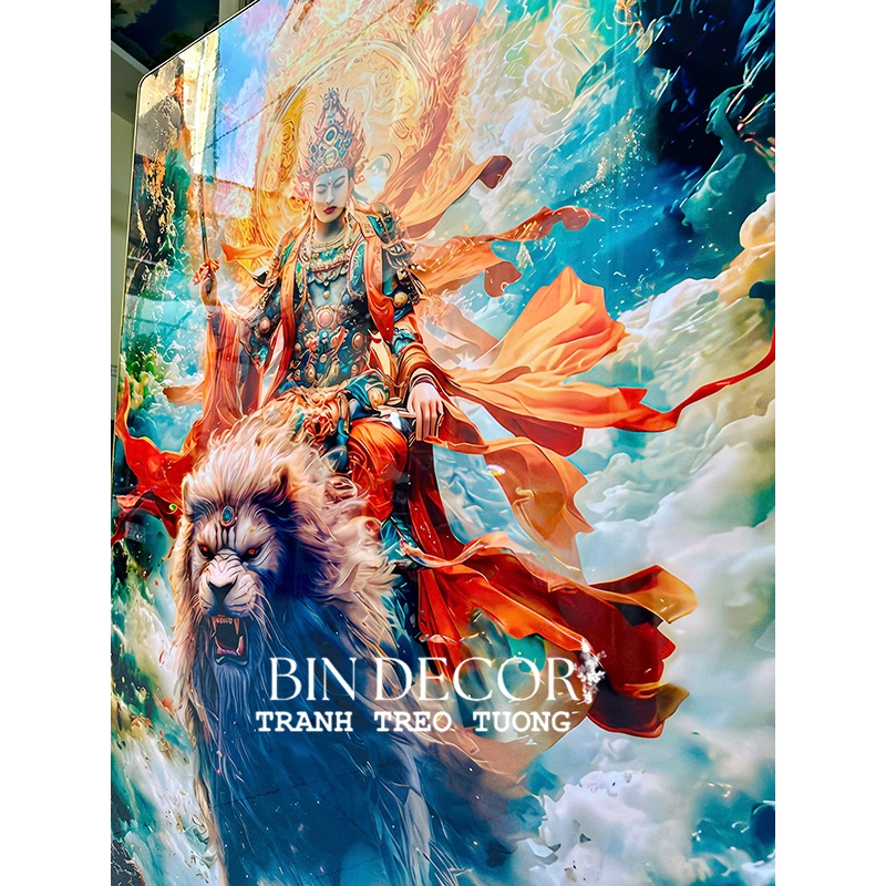 (ẢNH CHỤP) Tranh treo tường tráng gương văn thù sư lợi bồ tát trang trí decor sẵn đinh