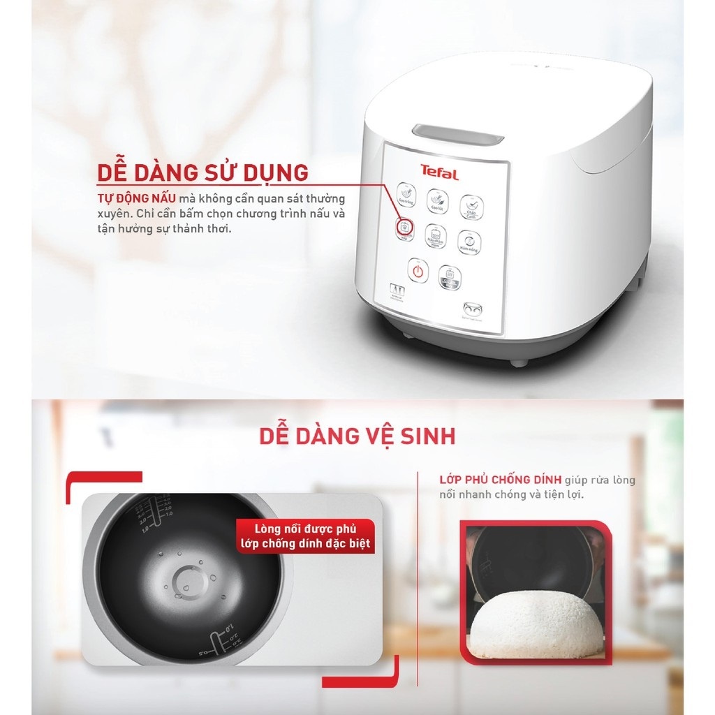 Nồi Cơm Điện Tử TEFAL 750W RK733168 1.8L Màu Trắng - Hàng Chính Hãng