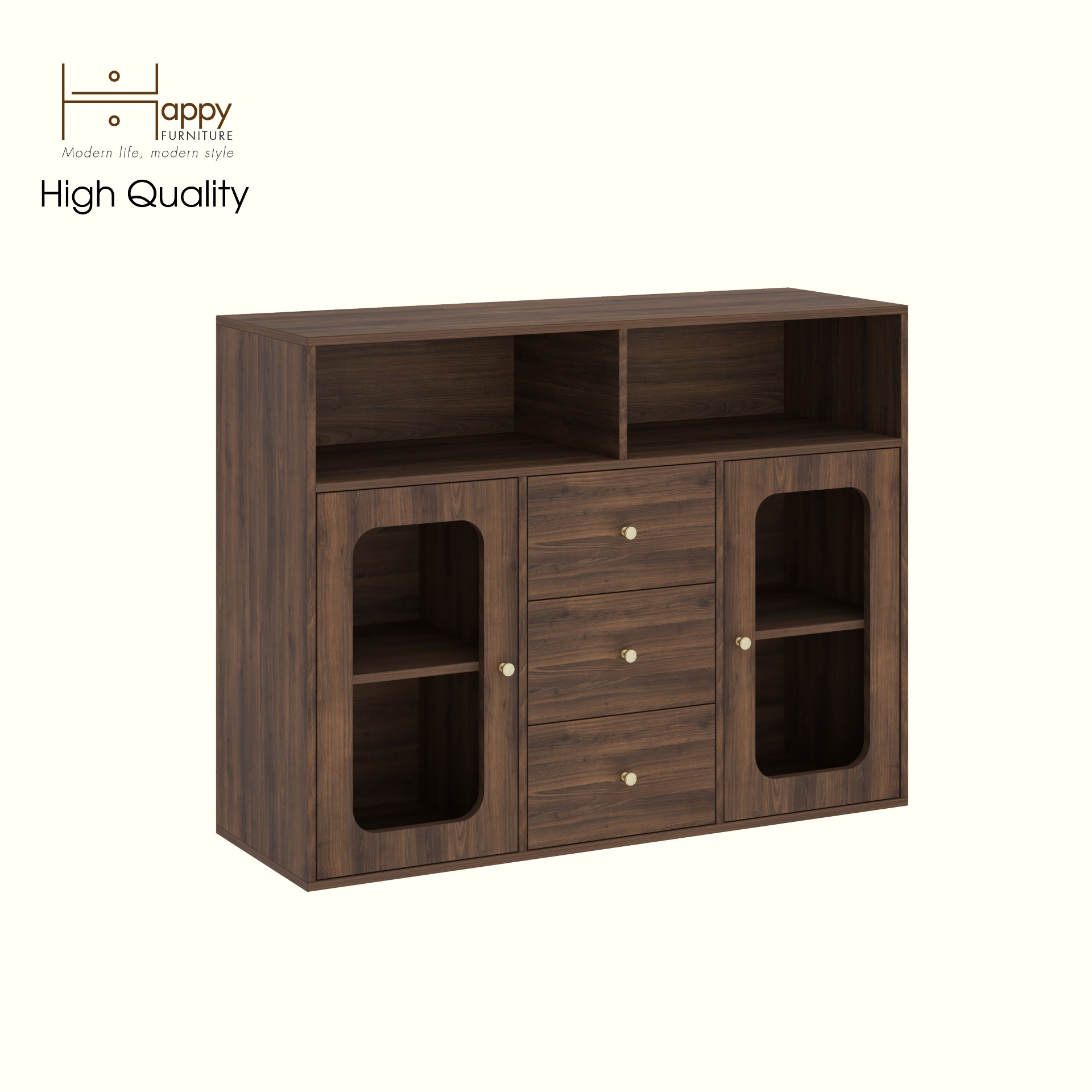 HAPPY FURNITURE , Tủ lưu trữ 2 cửa kính 3 ngăn kéo - NOAH , TLT_065 , 130cm x 45cm x 100cm DxRxC