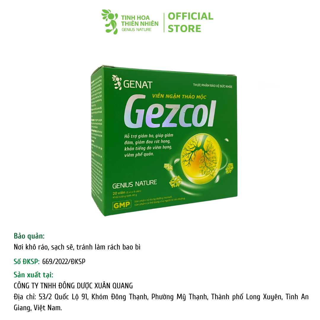 Combo 2 hộp 20 viên - Viên ngậm ho thảo mộc Gezcol Hỗ trợ giảm đau rát họng, khản tiếng do viêm họng, viêm phế quản - Genat