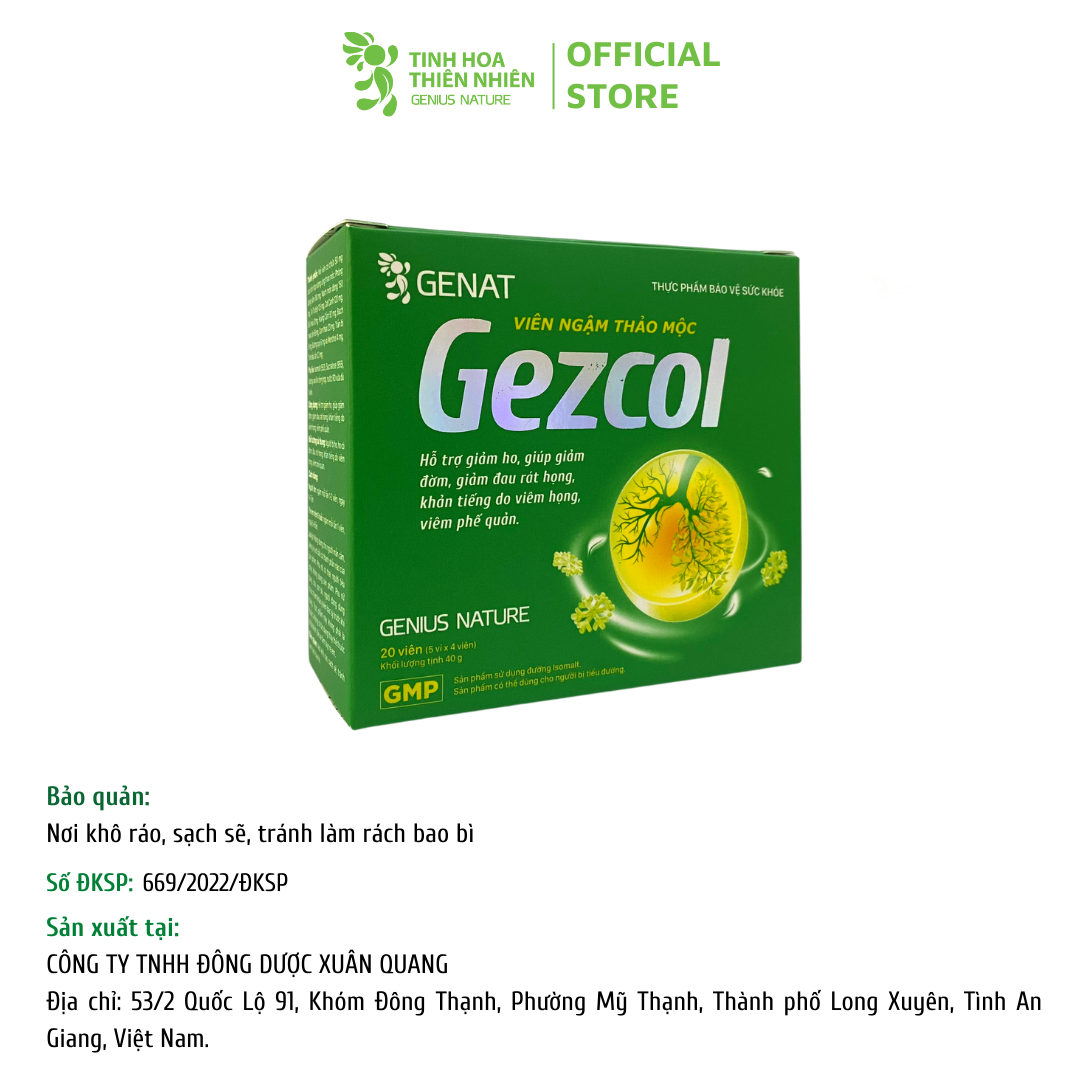 Combo 5 hộp viên ngậm ho thảo mộc Gezcol Hỗ trợ giảm đau rát họng, khản tiếng do viêm họng, viêm phế quản (hộp 20 viên) - Genat