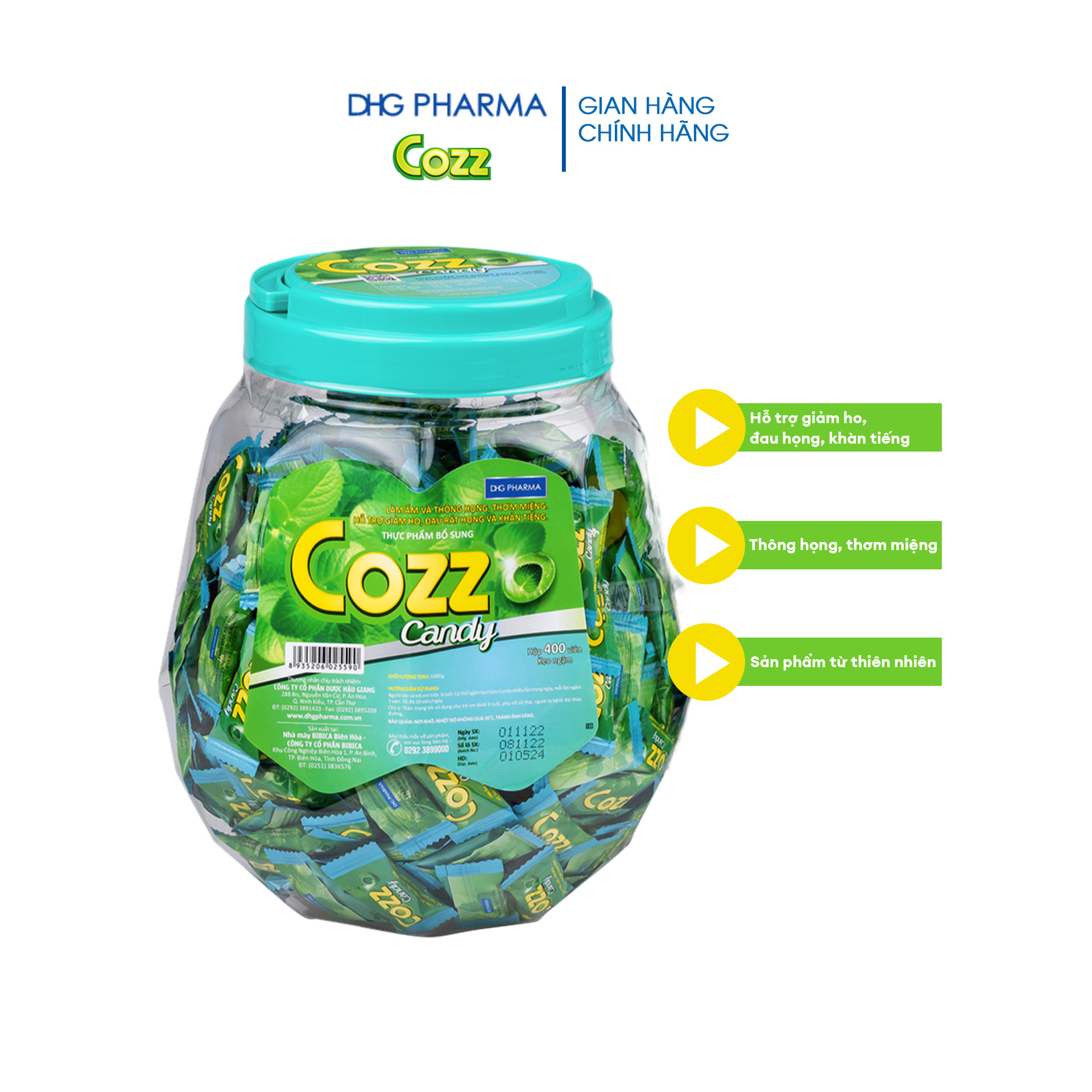 Kẹo ngậm Cozz Candy hỗ trợ giảm ho, đau rát họng và khàn tiếng 400 viên x 2.5g - Chính hãng DHG Pharma