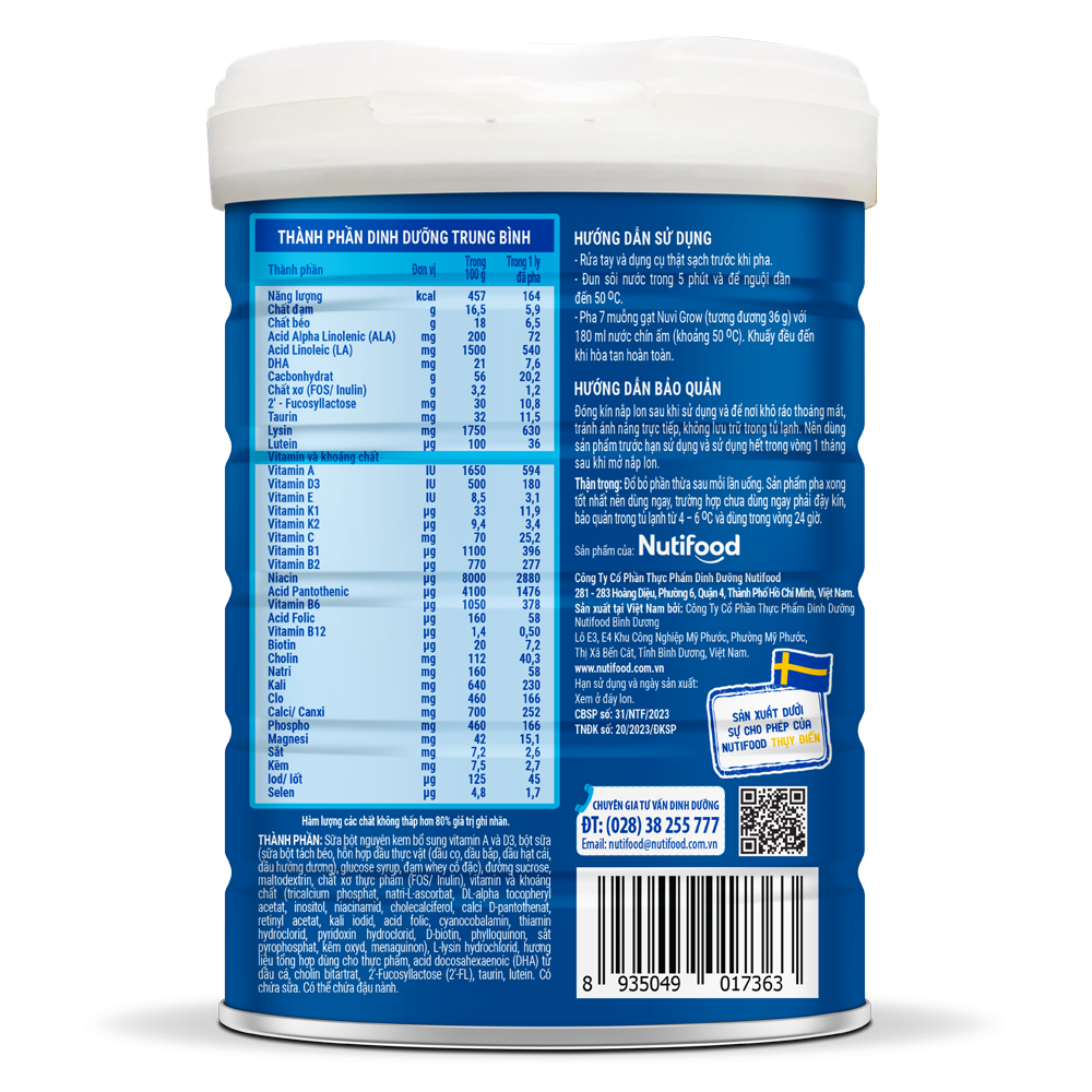Sữa công thức Nuvi Grow 2+ lon 900g - Phát triển chiều cao, Dành cho trẻ trên 2 tuổi