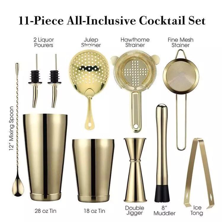 Sét 11 Dụng Cụ Pha Chế Cao Cấp Inox #304 - Màu Gold