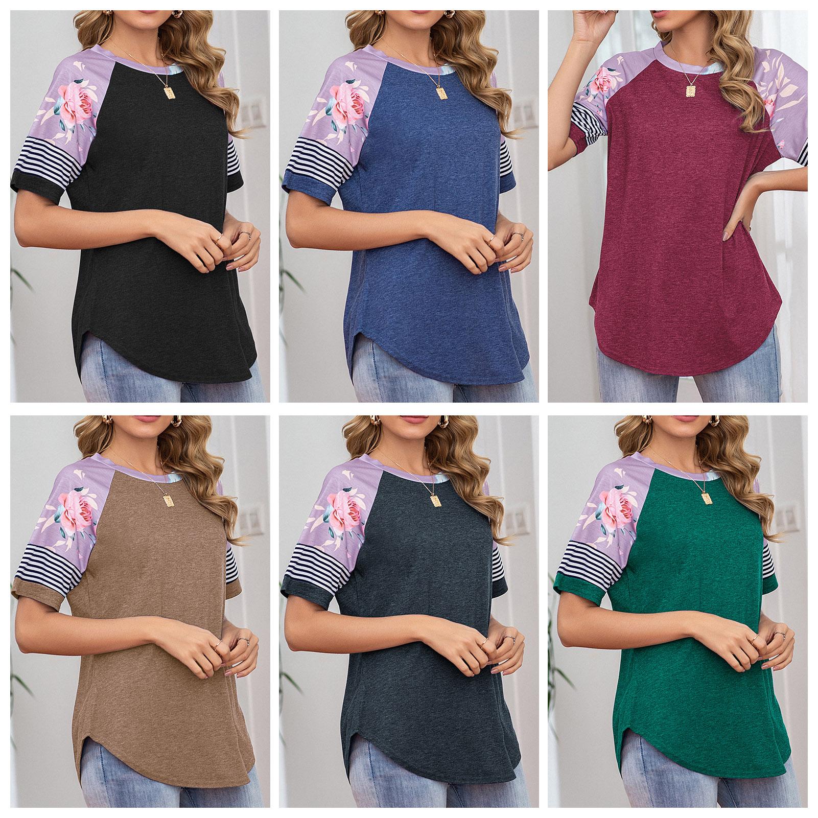 Women O-Neck Shirt Raglan Short Sleeve Splicing Floral Stripes Print Loose Fit Pullover Casual Summer Tops