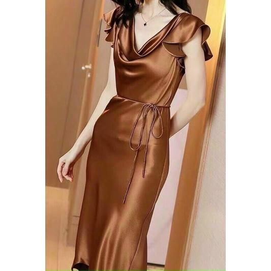 Đầm body trơn cổ đổ tay bèo cột nơ sexy sang chảnh