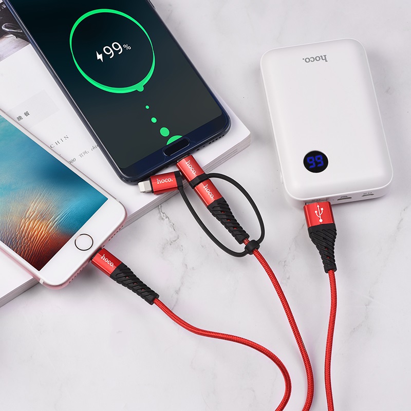 Cáp sạc nhanh và truyền dữ liệu tốc độ cao Hoco X38 đa năng 4 đầu 2 x Lightning, Micro-USB, Type-C - Hàng chính hãng