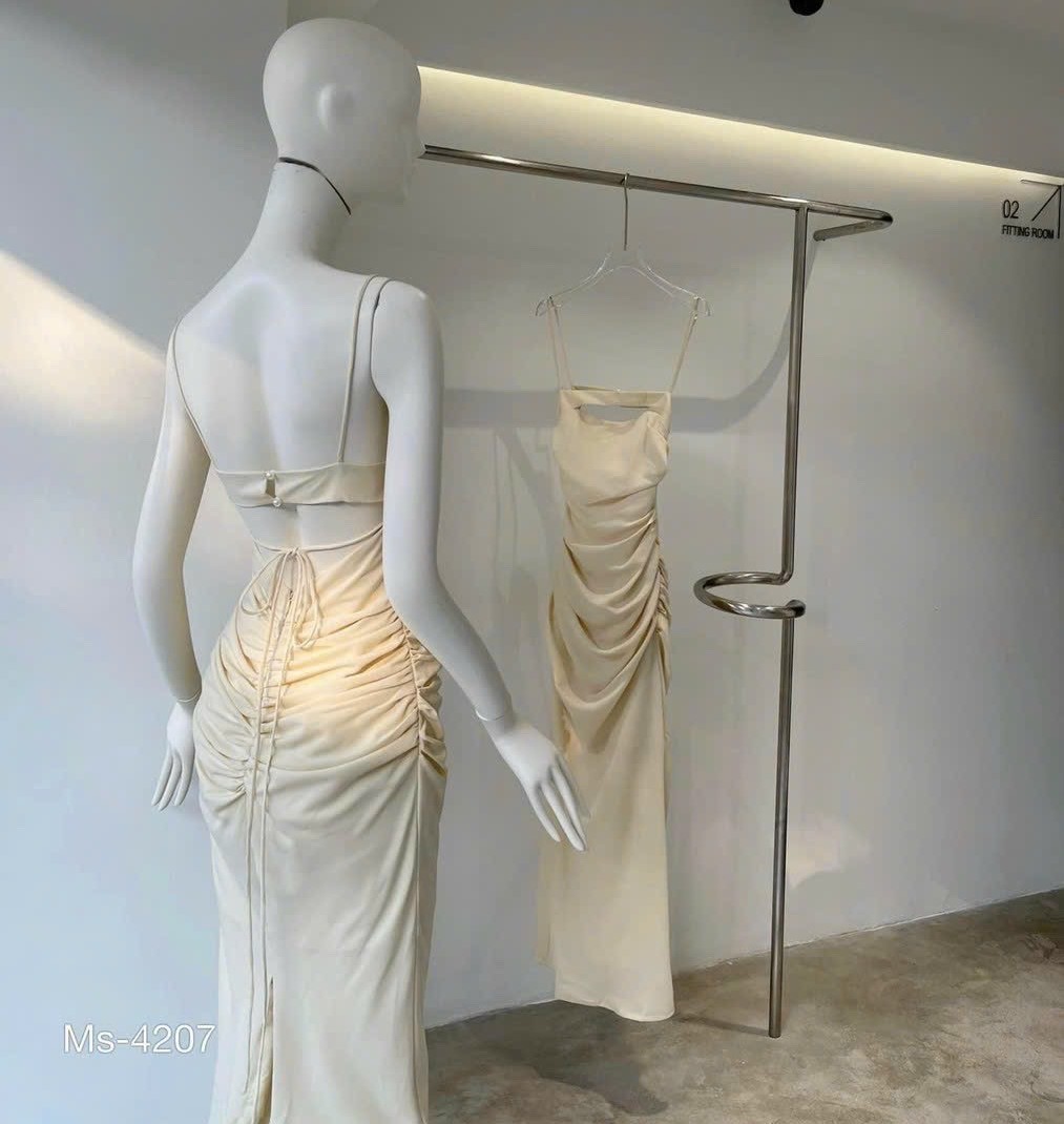 ĐẦM DÀI MIDI SUÔNG TRƠN CỔ U HAI DÂY XẺ TÀ XẾP LY TRẮNG KEM ĐI TIỆC DẠO PHỐ ĐI BIỂN