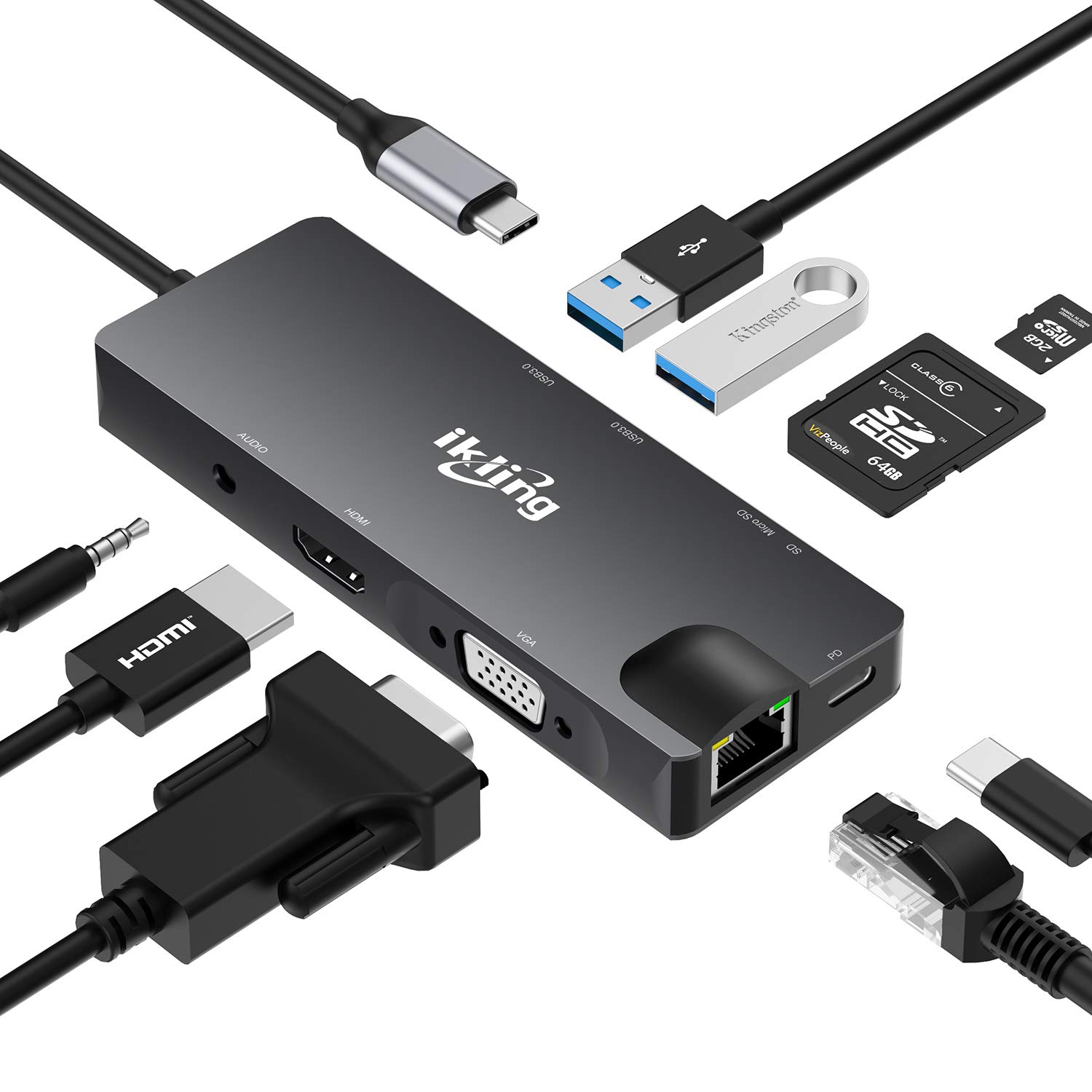 Cổng Chuyển HyperDrive Hub USB Type C 9 Cổng Ikling Ethernet SD Mircro SD VGA UHD HDMI Audio USB3.0 Cho Macbook SamSung - Hàng chính hãng