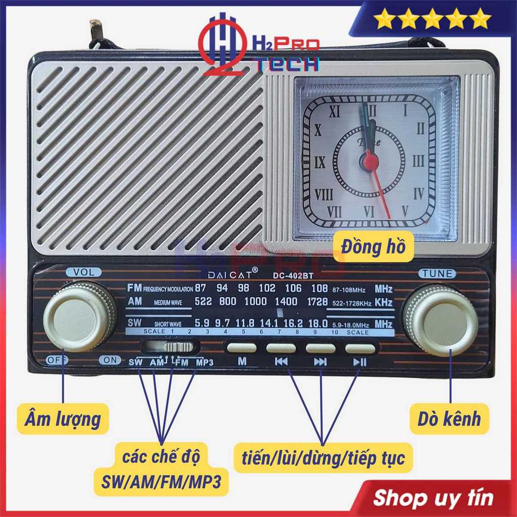 ĐÀI FM Radio Mẫu Mới DC-402BT CÓ ĐỒNG HỒ ,Nghe Nhạc Qua Usb,Thẻ nhớ FM/AM/SW quà tặng cho người thân yêu-Hàng Chính Hãng