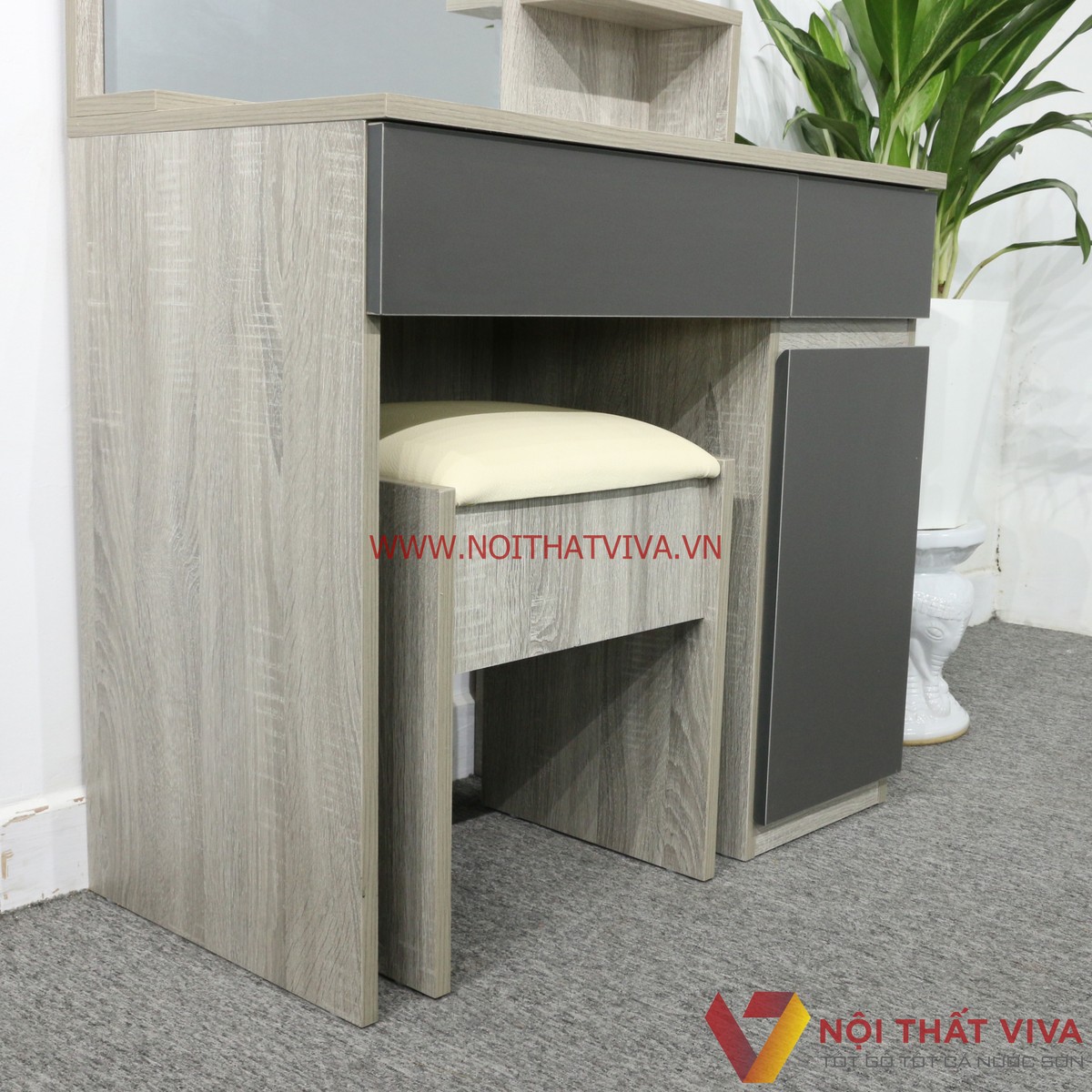 Bàn Trang Điểm Gỗ MDF Melamine 2 Ngăn Kéo Màu Xám Vân Gỗ Cửa Đen Mờ Đẹp