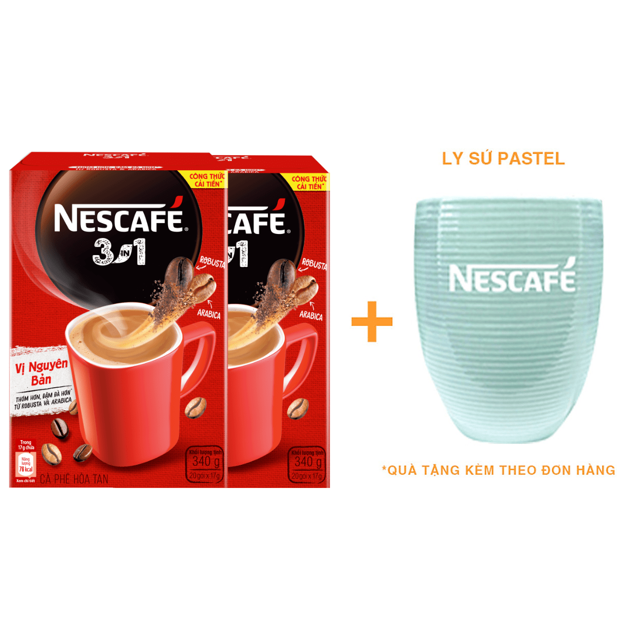 Combo 2 hộp cà phê rang xay hòa tan Nescafé 3in1 Vị Nguyên Bản (Hộp 20 gói x 17g) - [Tặng ly sứ pastel]