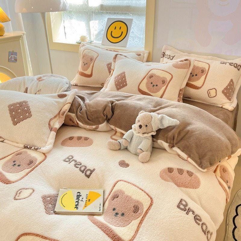 Bộ chăn ga gối nỉ nhung 3D Nhập Khẩu mẫu đáng yêu, vải mềm dày dặn
