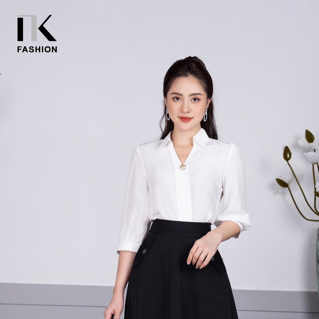 Áo Sơ Mi Nữ Tay Lỡ NK FASHION Thiết Kế Cổ Chữ V Vạt Dọc Độc Đáo Chất Vải Nhập Hàn Cao Cấp Không Nhăn Nhàu NKSM2206011