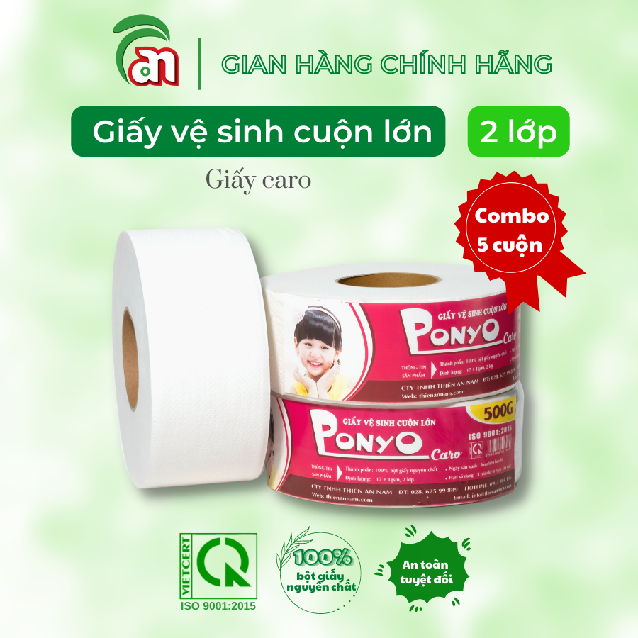 Combo 5 cuộn Giấy vệ sinh cuộn lớn chất lượng cao PONYO JB500 2 lớp hoạ tiết caro 500g - Thiên An Nam paper