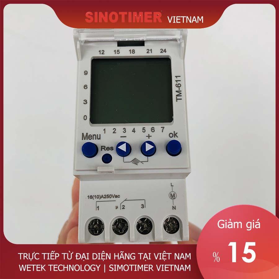 Timer 24h 7 ngày Sinotimer TM 611, 16A, cài theo 1 phút, 58 chương trình on off mỗi ngày, hàng loại công nghiệp