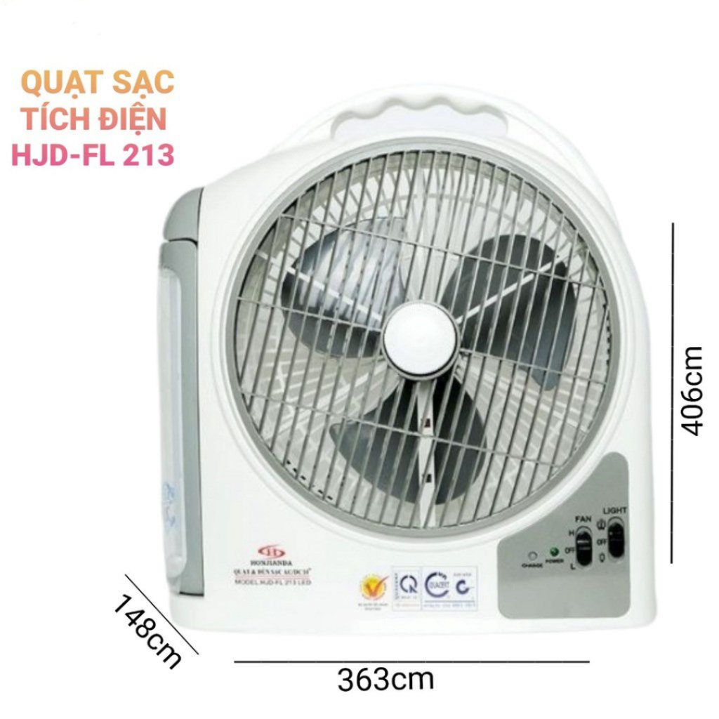 Quạt Sạc Tích Điện Dạng Hộp AC&amp;DC 10 inch Honjianda FL213 loại 2 bình có đèn LED - Hàng Chính Hãng