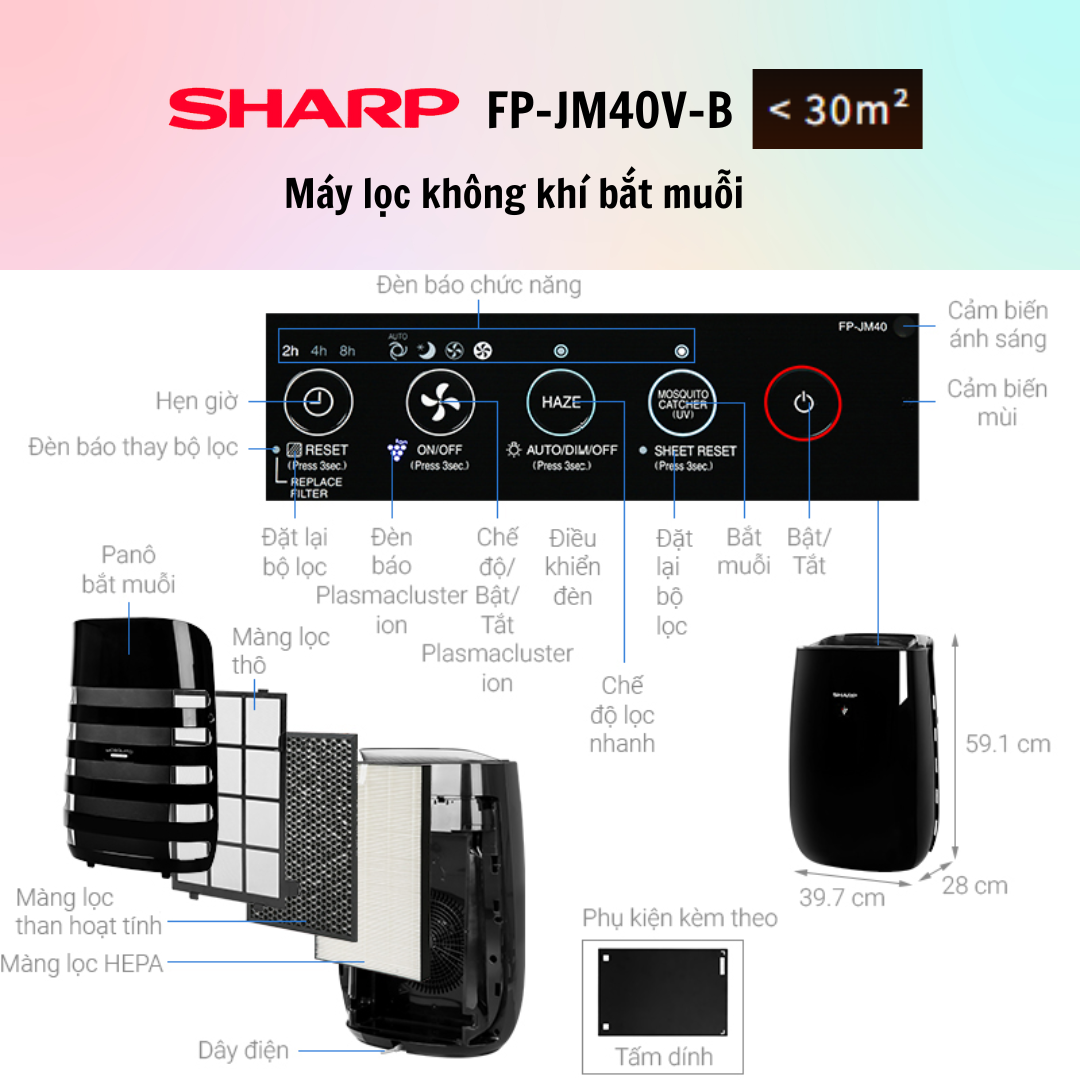 Máy Lọc Không Khí Bắt Muỗi Sharp FP-JM30V-B/FP-JM40V-B - Hàng Chính Hãng - Bảo Hành 12 Tháng