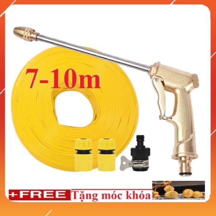 ️ Bộ dây vòi xịt nước rửa xe, tưới cây . tăng áp 3 lần, loại 7m, 10m 206701-3 đầu đồng,cút,nối đen+ tặng móc khoá