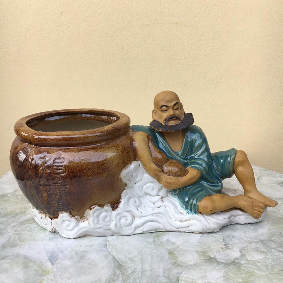 Chậu tượng Ông ngồi bên chậu men màu xanh ngọc gốm Bát tràng 1 size CT-57