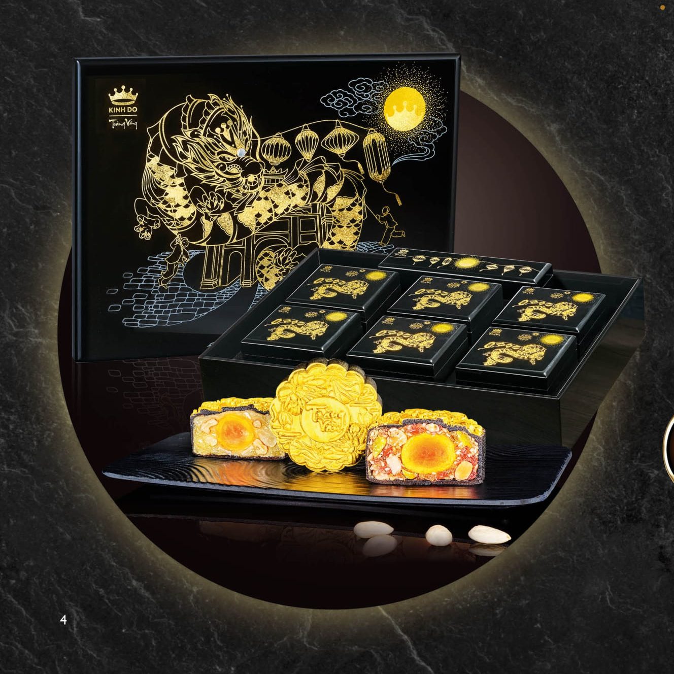 [DÒNG CAO CẤP - HỘP 4 BÁNH X160G] Bánh Trung Thu Kinh Đô Trăng Vàng BLACK GOLD + Trà Ô Long - Mã bánhG4