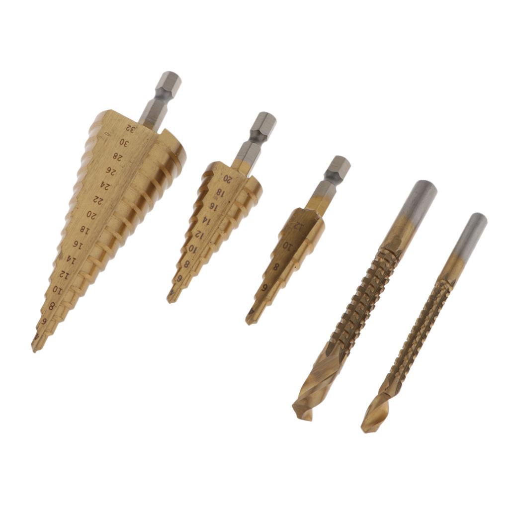 5pcs Step Drill Hole Jig Drill Bit HSS Cutting Hole Saw Woodworking Too Sets