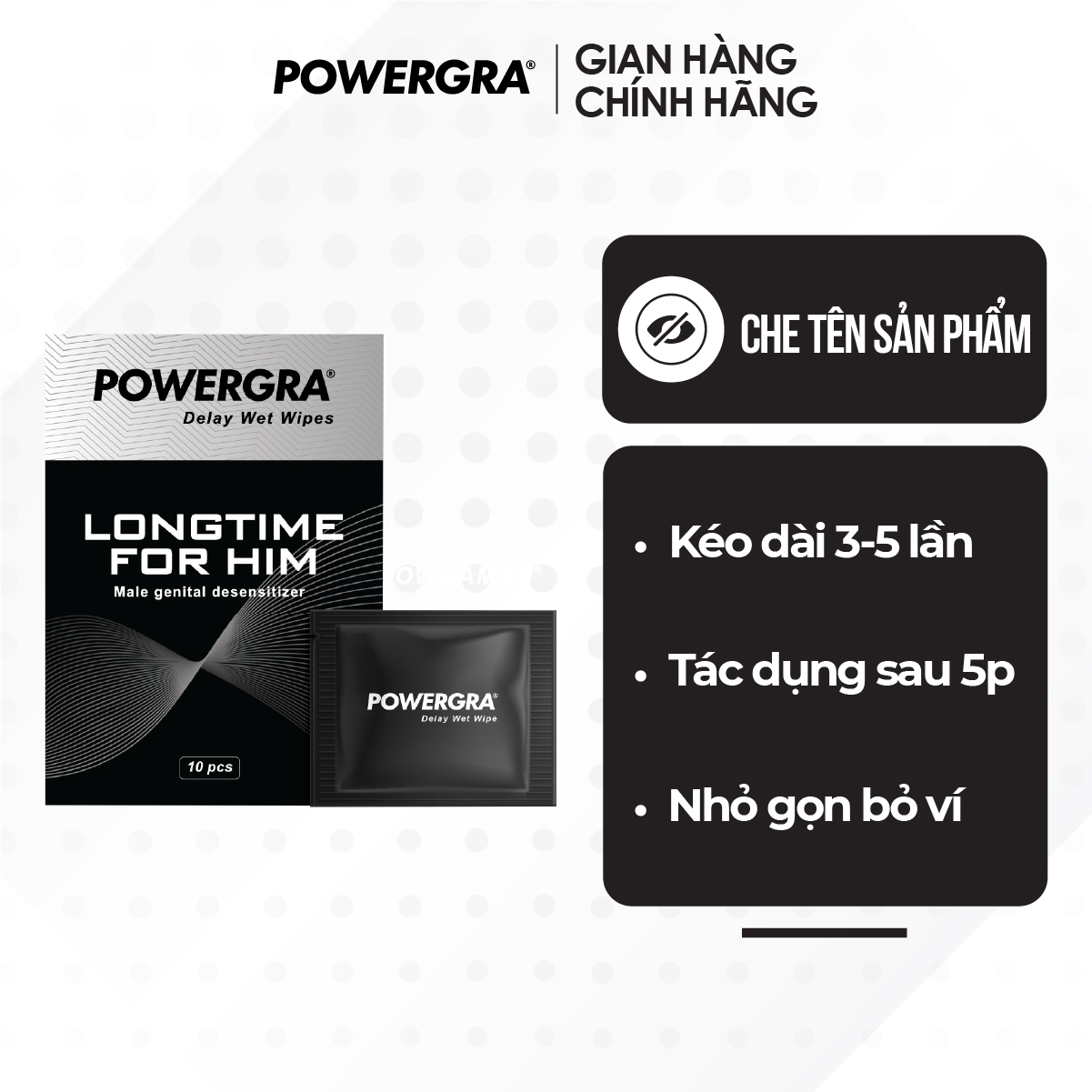 Khăn lau mini đa năng hỗ trợ nam giới Powergra Wet Wipes - Hộp 10 cái